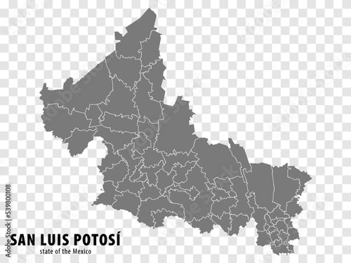 State San Luis Potosi of Mexico map on transparent background. Blank map of  San Luis Potosi with regions in gray for your web site design, logo, app, UI. Mexico. EPS10. photo