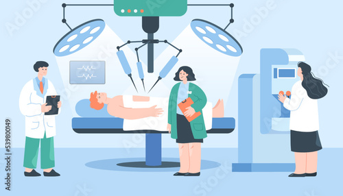 Robot conducting operation on human flat vector illustration. Doctors controlling machine or equipment. Patient lying in hospital while robot performing operation. Robotic surgery, technology concept