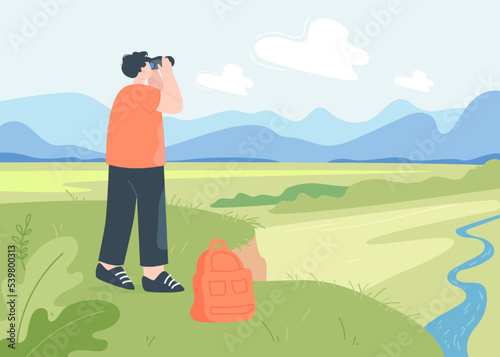 Man looking at mountains through binoculars flat vector illustration. Male person standing in field, admiring gorgeous landscape during summer trip. Travel, nature, hiking concept