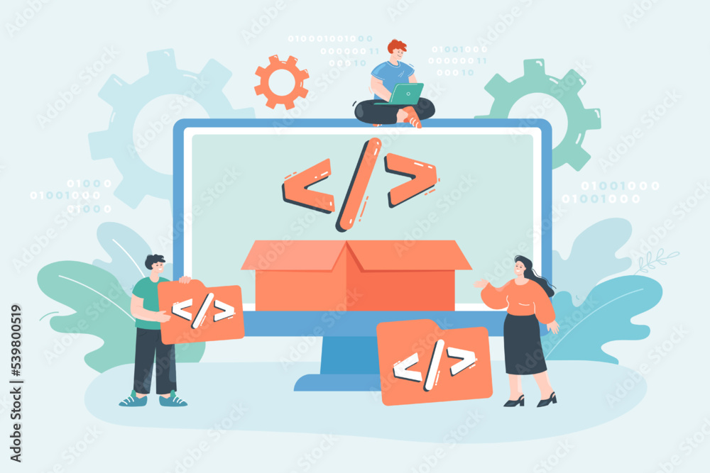 Tiny developer using platform for writing codes for website. Persons developing software, site script, open source flat vector illustration. Technology, development, internet concept for banner Tiny developer using platform for writing codes for website. Persons developing software, site script, open source flat vector illustration. Technology, development, internet concept for banner