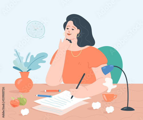 Young female writer thinking of creative ideas in workplace. Cute thoughtful woman working during creative crisis flat vector illustration. Inspiration, creativity concept for banner, website design