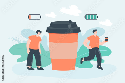 Tiny business person sleepy before and energized after coffee. Creative cartoon office worker and big coffee cup flat vector illustration. Energy, stress, coffee break concept for banner