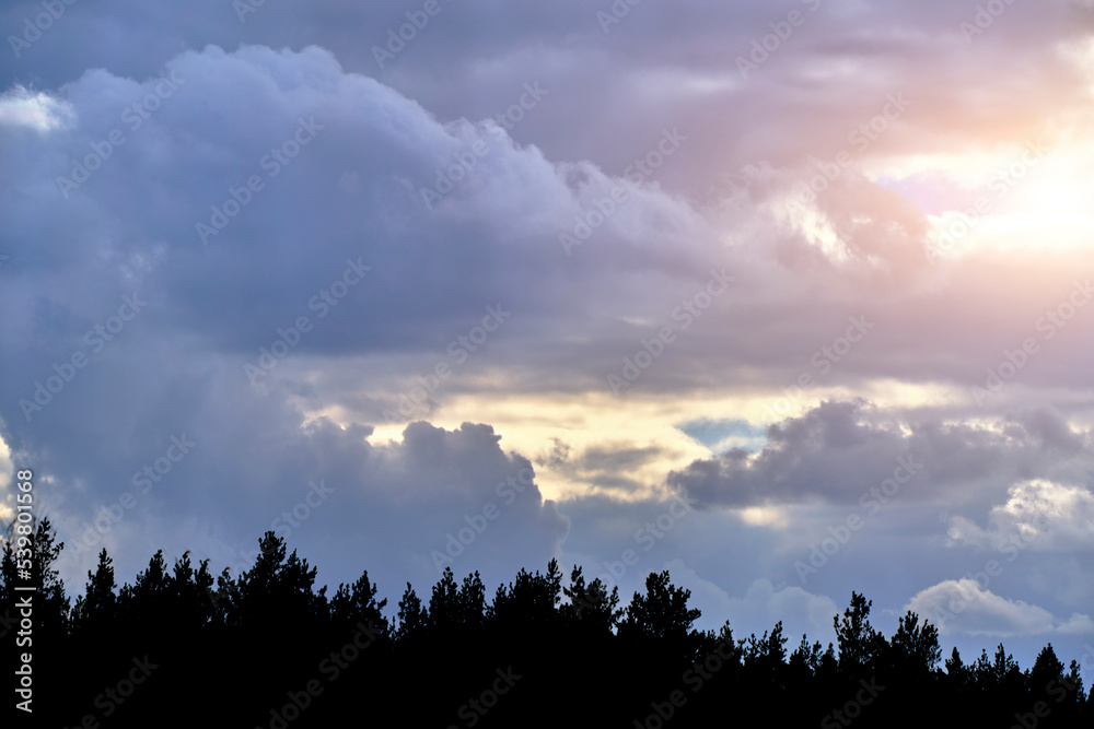 Sunlight breaking through gap in storm clouds against dark silhouette pine forest. Sunlight breaking through gap in storm clouds against dark silhouette pine forest.