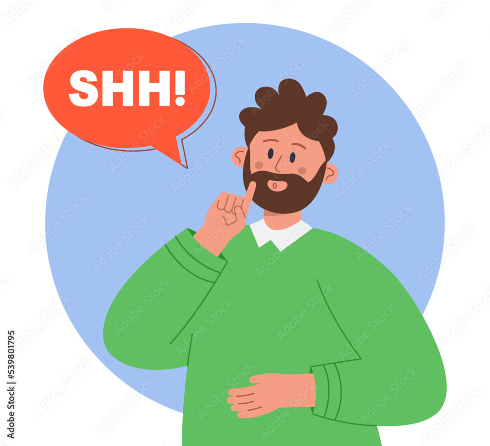 Cartoon business man asking for silence. Speech bubble with word shh, male character making hush gesture flat vector illustration. Secret, mystery, communication concept for banner or landing web page Cartoon business man asking for silence. Speech bubble with word shh, male character making hush gesture flat vector illustration. Secret, mystery, communication concept for banner or landing web page