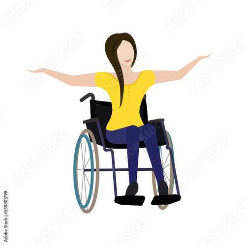 A girl in a wheelchair enjoys life, smiles, spreading her arms in different directions. Flat style.