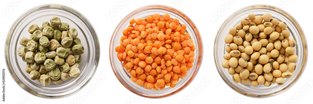 Soy, lentils, dried peas protein sources for vegetarian nutrition, isolated on white background, top view Soy, lentils, dried peas protein sources for vegetarian nutrition, isolated on white background, top view