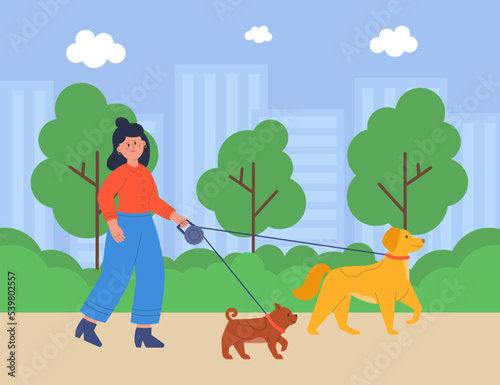Happy cartoon woman on walking two cute dogs in park. Young owner on walk with domestic animals flat vector illustration. Pets, healthy lifestyle concept for banner, website design or landing web page