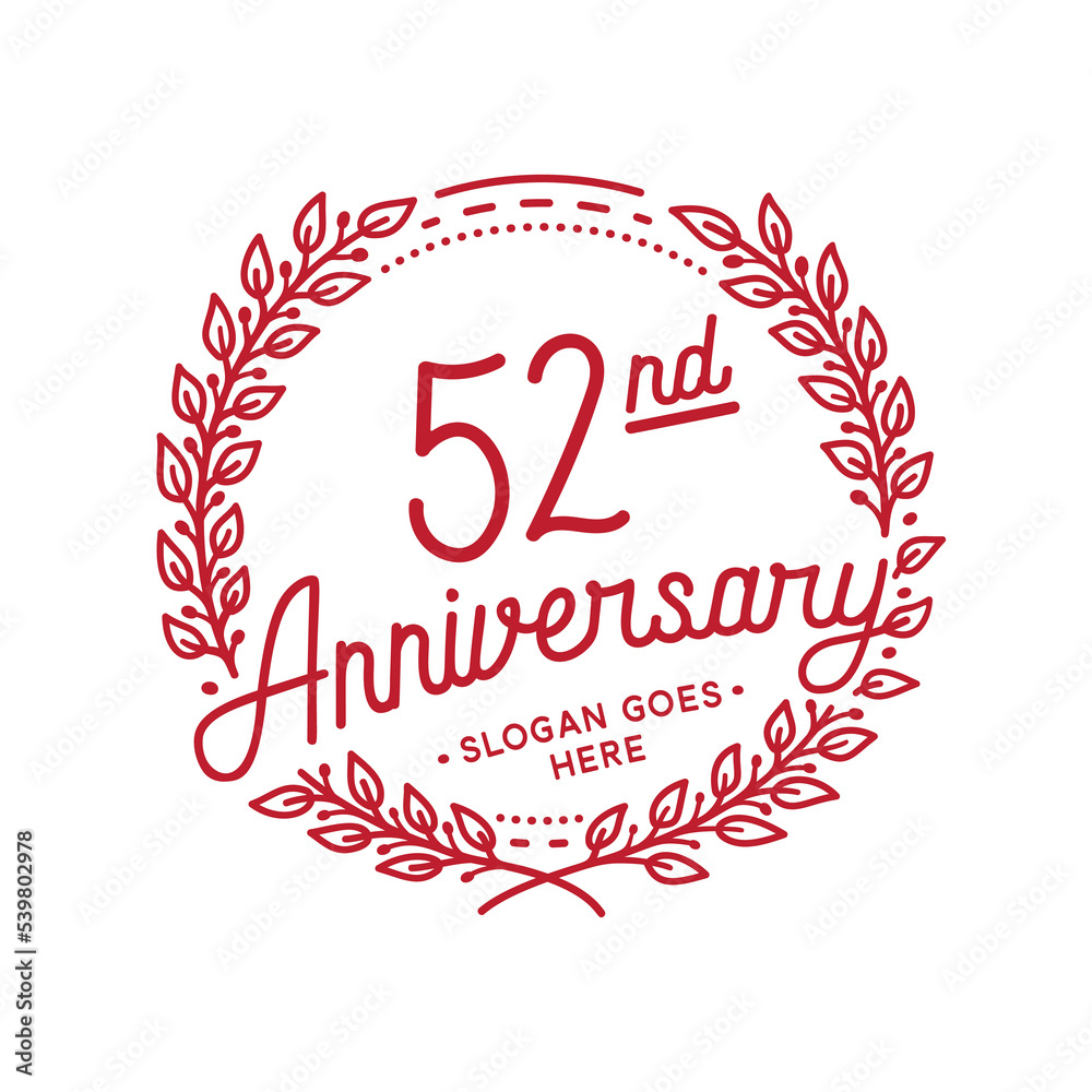 52 years anniversary design template. 52nd anniversary celebration hand drawn logotype. Vector illustration. 52 years anniversary design template. 52nd anniversary celebration hand drawn logotype. Vector illustration.