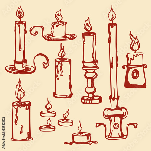 Set of separate vintage wax candles in doodle style.