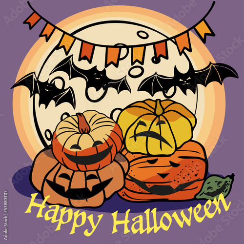 Creepy pumpkins in full moonlight with bats and colored flags