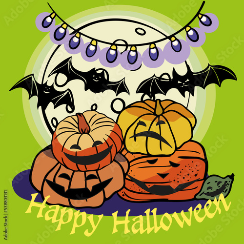 Сreepy pumpkins against the moon with bats and lights