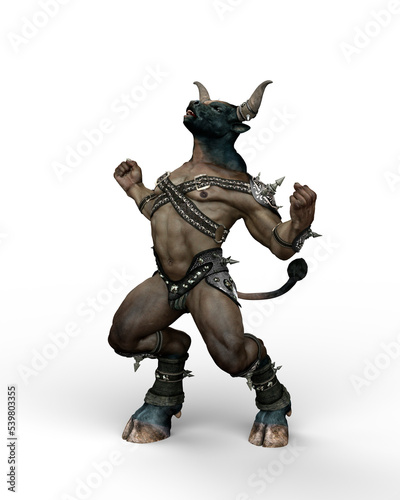 3D illustration of a Minotaur  the mythical creature from Greek mythology  roaring at the sky isolated on a transparent background.