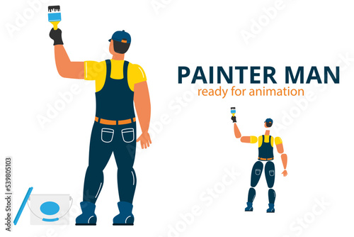 Character of painter man. Back view of workman in uniform holding brush. Home renovation, house redesign service. Handyman worker character ready for animation. Painter specialist vector illustration