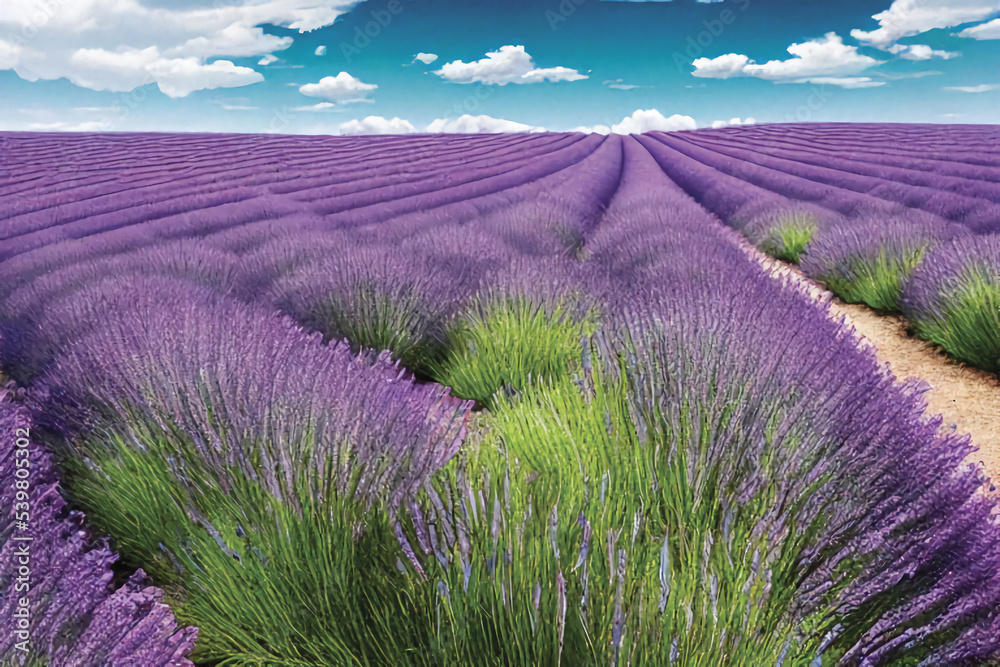 Lavender field, beautiful view, white-maned clouds, fantastic landscape