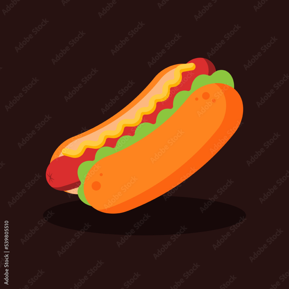 Hot dog with sausage, mustard sauce, lettuce, and bun. Delicious fast food concept. Junk food or unhealthy menu. American dish. Cartoon meal icon. Flat vector graphic design isolated illustration. Hot dog with sausage, mustard sauce, lettuce, and bun. Delicious fast food concept. Junk food or unhealthy menu. American dish. Cartoon meal icon. Flat vector graphic design isolated illustration.