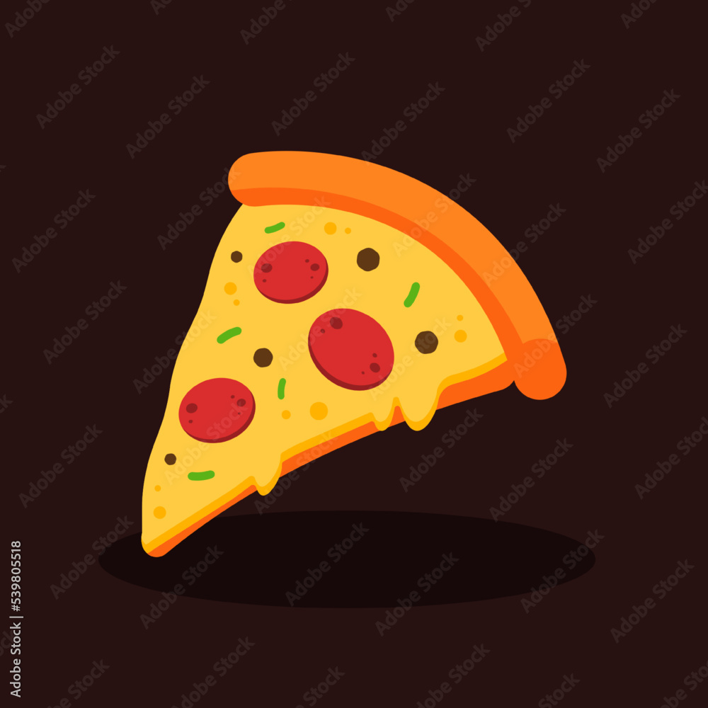 Pepperoni or salami pizza slice with melted cheese. Fast food concept. Junk food or unhealthy menu. Cute cartoon meal icon. Italian cuisine dish. Flat vector graphic design isolated illustration. 