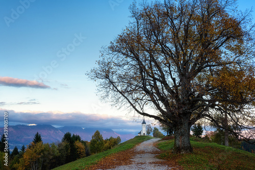 View of the Jamnik church St Primus and Felician at sunset, Alps mountains, Slovenia. Beautiful landscape with footpath, trees and blue sky with clouds, outdoor travel background