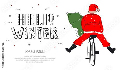 Happy New Year postcard with quote lettering HELLO WINTER and cute Santa Claus on bicycle. The vector illustration xmas postcard in hand drawn art style for Merry Christmas.