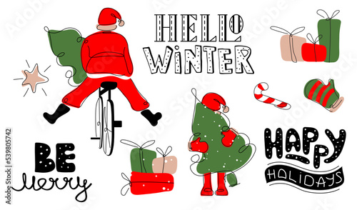 Set of Merry Christmas elements, quote lettering HELLO WINTER, BE MERRY, HAPPY HOLIDAYS, Santa Claus, Santa on bicycle, gifts, candys and mitten. The vector  xmas postcard for Happy New Year
