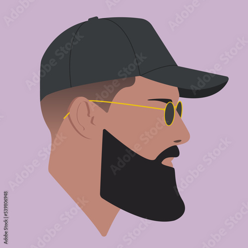 Silhouette. Face. Guy with glasses. Male head in glasses on pink background. Man head silhouette. Man Flat colored illustration. Bearded man. Stylish guy. The head of a guy in a baseball cap.