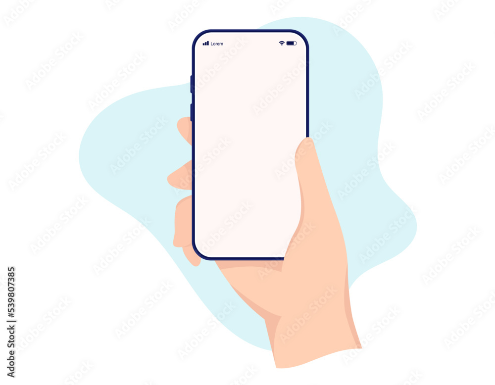 Hand with phone - Flat design vector illustration of smartphone with white empty screen being held straight up in front view with white background
