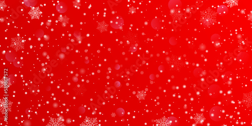 christmas snowy winter landscape background. falling white snowflakes on red background