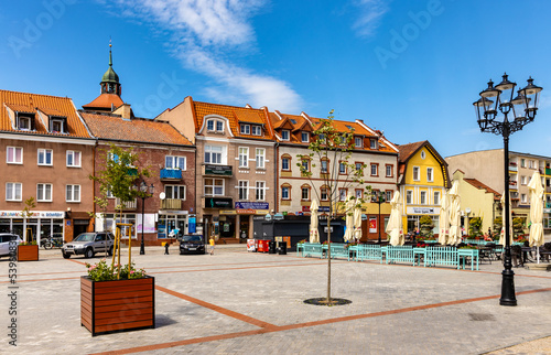 Panorama of Constitution square Plac Konstutucji serving as Rynek Market Square in historic old town center of Bartoszyce in Poland
