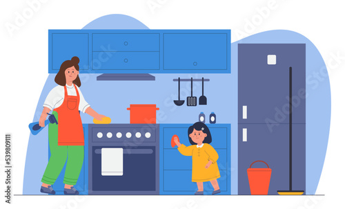 Mother and daughter cleaning kitchen flat vector illustration. Little kid helping parent, wiping dust with mop. Woman cleaning stove with detergents at home. Motherhood, family housework concept