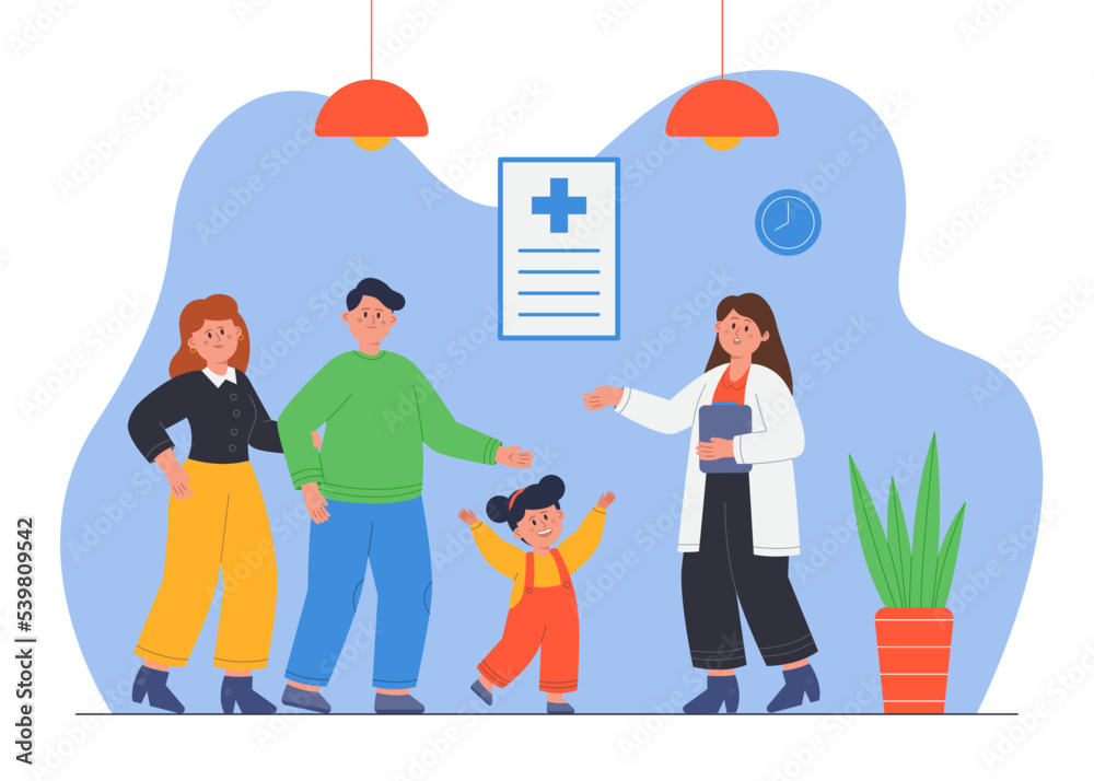 Family with kid visiting pediatrician flat vector illustration. Mother and father taking care of childs health, talking with doctor in office. Therapist making diagnosis to patient. Hospital concept