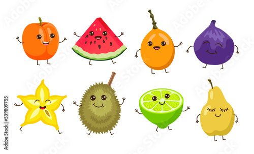 Cute cartoon fruits with funny faces cartoon illustration set. Happy and comic durian, peach, pear, watermelon, fig, kiwi characters or personage on white background. Tropical berries, food concept