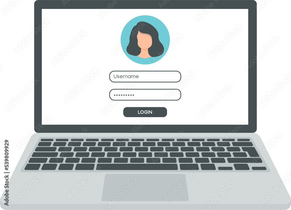 Login form on laptop screen. Login and password form page. Account login user. Sign in to account. Username and password fields for authorization. Flat illustration Login form on laptop screen. Login and password form page. Account login user. Sign in to account. Username and password fields for authorization. Flat illustration
