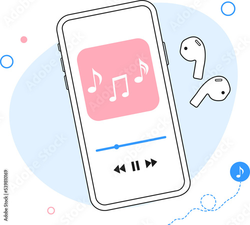 Music player interface with buttoms, loading bar, sound wave sign with headphones.  Flat outline illustration photo