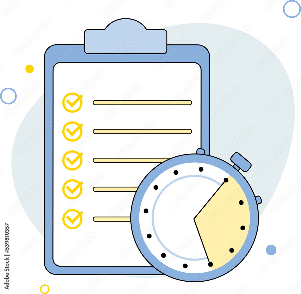 Timing concept with clock and checklist on clipboard. Paper test with