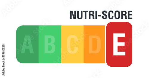 Nutri score for packaging design. E score. Logo, icon, label. Illustration