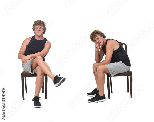 side and front view of same man with sportswear sitting on chair on white background