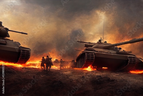 illustration of a battlefield in war with tanks