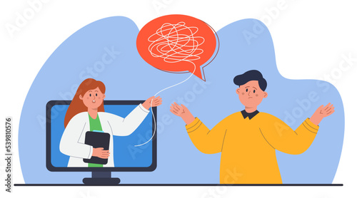 Man having psychotherapy session online flat vector illustration. Sad man talking with psychologist during consultation, asking for help, support or advice. Psychology, mental health, therapy concept