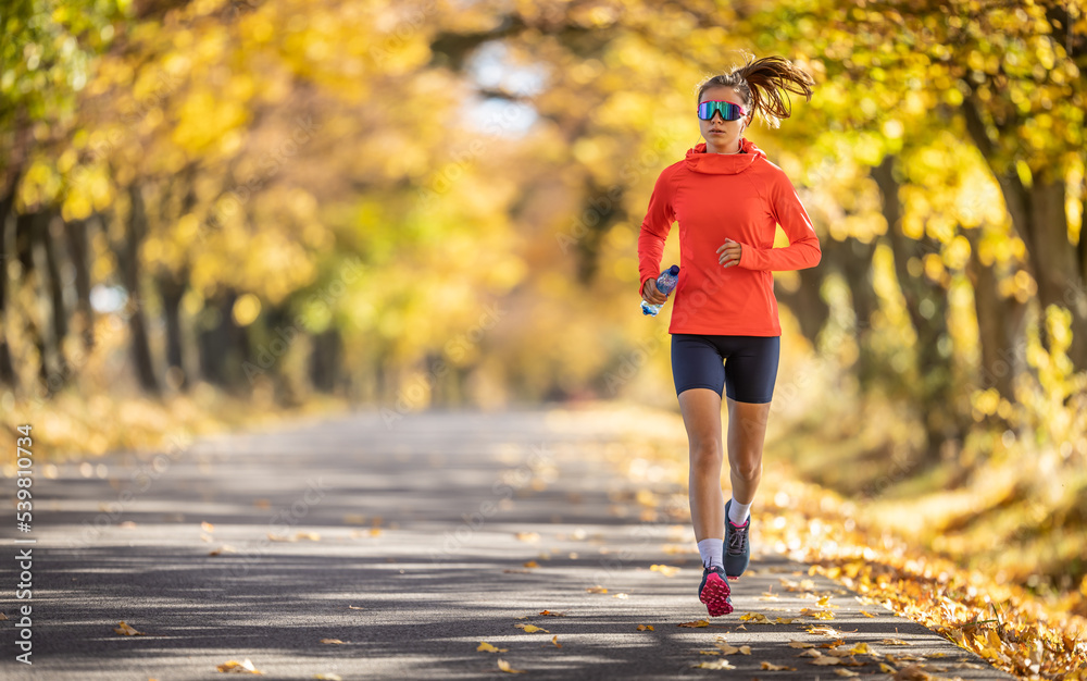 Young female athlete in sportswear runs in the park during warm indian  summer Stock Photo | Adobe Stock