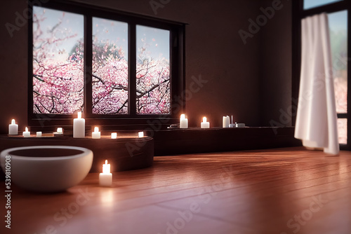 Beautiful atmospheric  spa or massage interior with candles   towels and cherry blossom towels   japanese style 