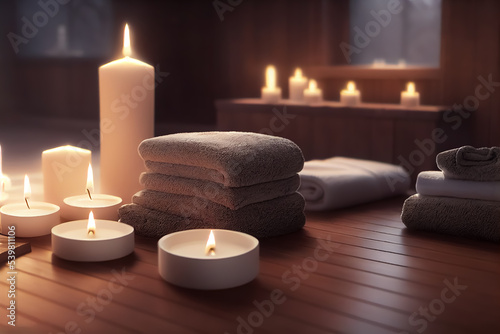 Beautiful atmospheric, spa or massage interior with candles and towels, 