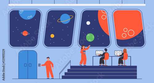 Spaceship bridge interior with captain and crew members. People inside space station control room or on deck of ship flat vector illustration. Space, science concept for banner or landing web page