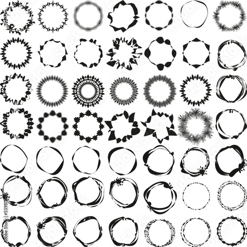 A large set of abstract round silhouettes of frames. Different shapes of curbs with an empty center. Sublimation frames are templates.