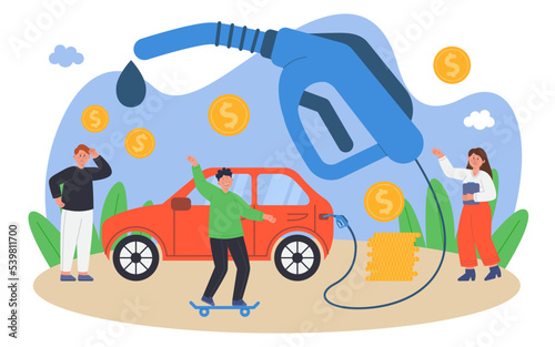 Upset man filling tank of car with gasoline or biodiesel. Happy person saving money by riding skateboard flat vector illustration. Finances, economy, fuel, transportation concept for banner