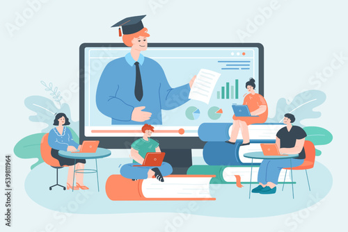 Tiny college students watching webinar on big computer screen. People with laptops training via video lecture flat vector illustration. Technology, information, online education, graduation concept