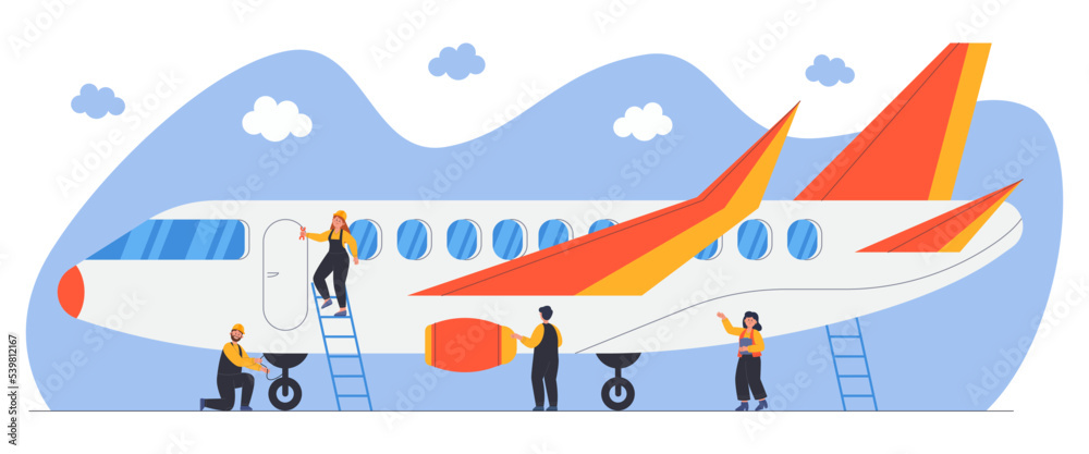 Mechanics repairing airplane at airport before flight. Performance of plane inspection, people filling aircraft with fuel flat vector illustration. Maintenance or repair service, aviation concept