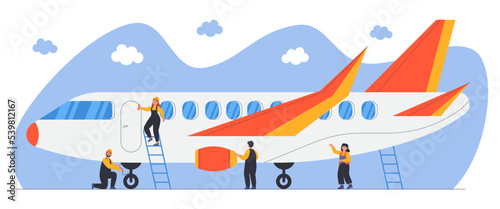 Mechanics repairing airplane at airport before flight. Performance of plane inspection, people filling aircraft with fuel flat vector illustration. Maintenance or repair service, aviation concept © PCH.Vector