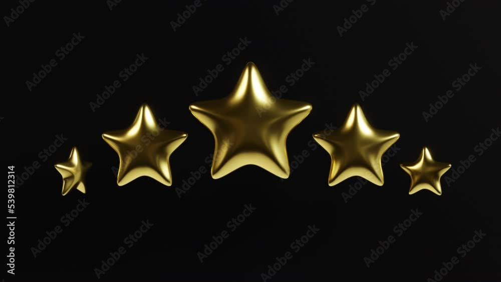 Five gold stars on dark background. Concept of best rating and luxury. Turning around. 3d animation. Five gold stars on dark background. Concept of best rating and luxury. Turning around. 3d animation.