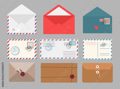 Different handmade envelopes vector illustrations set. Collection of letters with stamps, envelopes for birthday cards or postcards isolated on grey background. Mail, communication, stationery concept