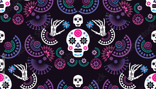 Dia de Los Muertos, Day of the Dead or Halloween greeting card, banner, background. Sugar skulls, candle, maracas, guitar, sombrero, marigold flowers, Сalavera la Catrina tradition skeleton decorati
