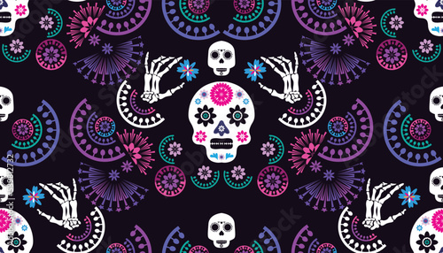 Dia de Los Muertos, Day of the Dead or Halloween greeting card,  banner, background. Sugar skulls, candle, maracas, guitar, sombrero,  marigold flowers, Сalavera la Catrina tradition skeleton decorati